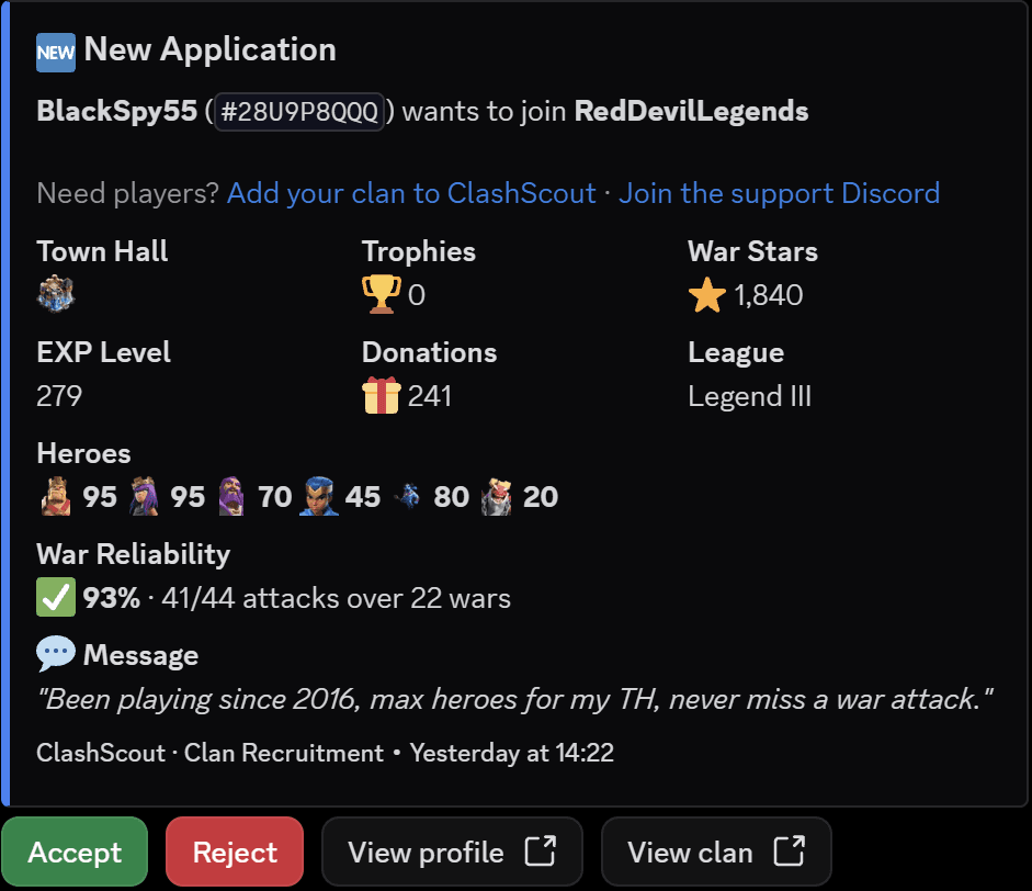 A ClashScout application notification in Discord: BlackSpy55 wants to join RedDevilLegends, with Town Hall, trophies, war stars, EXP level, donations, league, hero levels, a war reliability of 93% (41 of 44 attacks over 22 wars), the applicant's message, and Accept, Reject, View profile and View clan buttons.