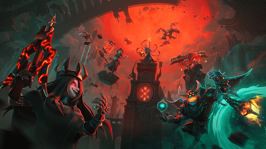Cosmic Curse: Portal Panic key art, with Clash-O-Ween heroes around a clock tower under a red moon